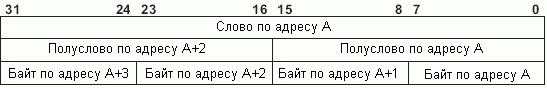 Адреса байт и полуслов в слове при прямом порядке (Little-endian)