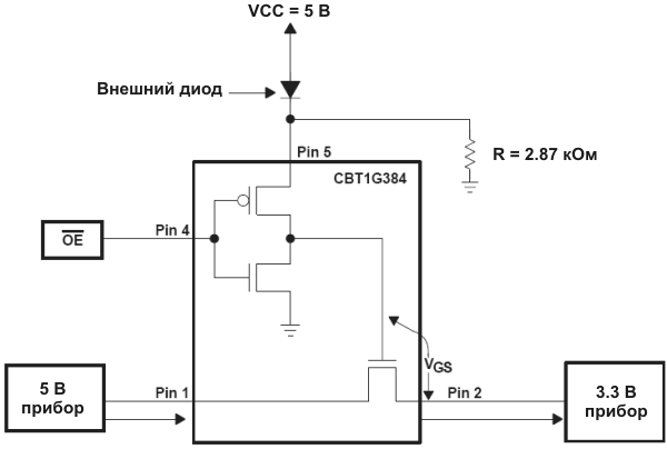 SN74CBT1G384, используемый для преобразования 5 В сигналов в 3.3 В