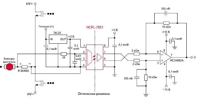 Типовая схема применения усилителя с оптической развязкой HCPL-7851 для измерения тока